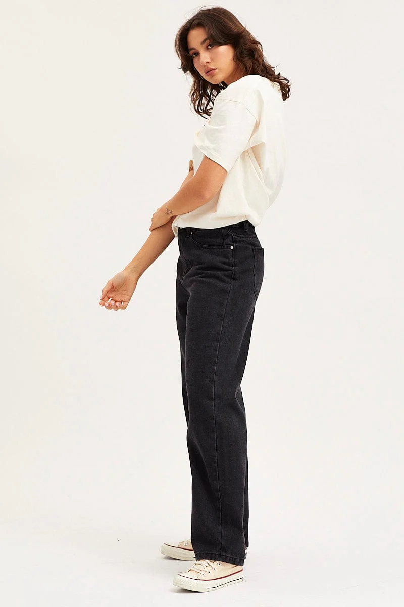 Black Unisex Straight Denim Jeans Mid Rise - Image 4