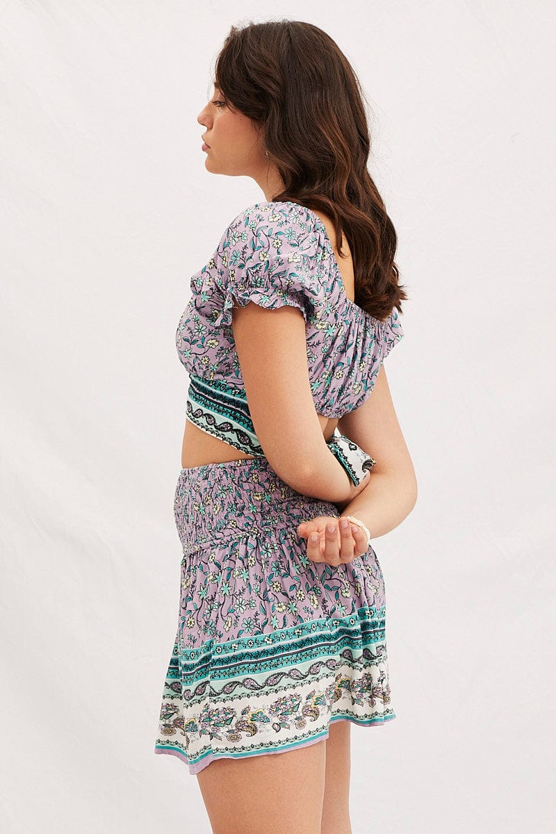 Boho Print Round Neck Puff Sleeve Crop Top - Image 4