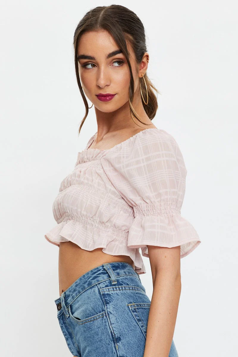 Pink Short Sleeve Textured Shirred Puff Sleeve Crop Top - Image 4